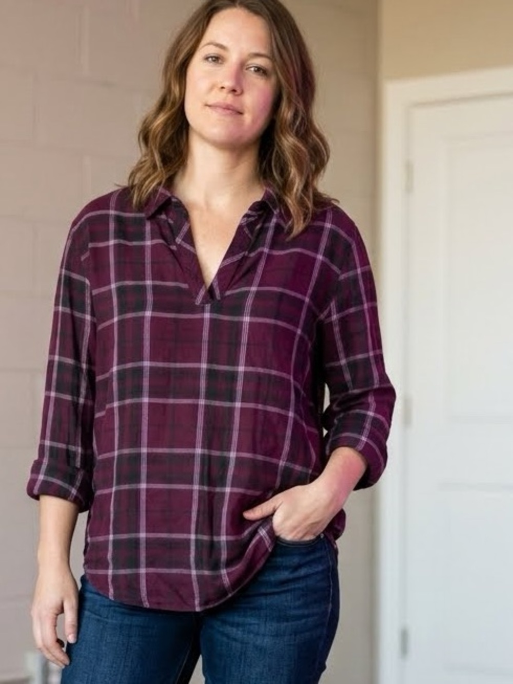 SUZY Plaid Tunic Shirt in Burgundy and Black- small